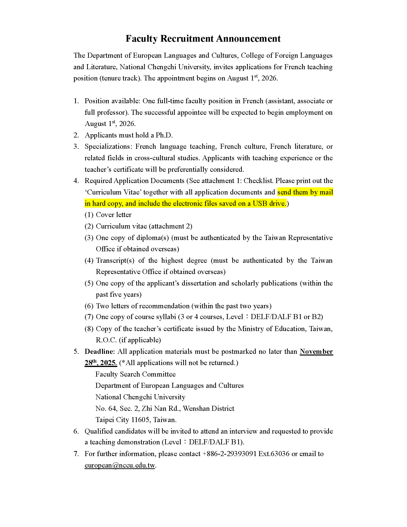 Faculty Recruitment Announcement_2026 tenure track French full-time teacher_P1